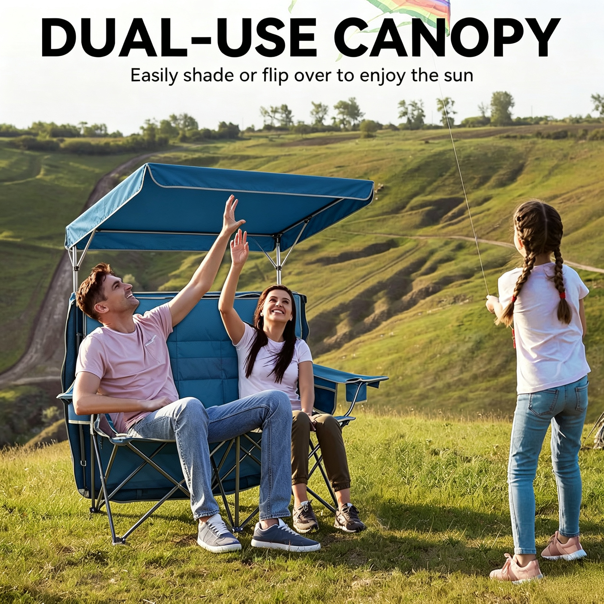Double Camping Chair with Canopy – 330lb Capacity, Cooler Bag, Cup Holder, Folding