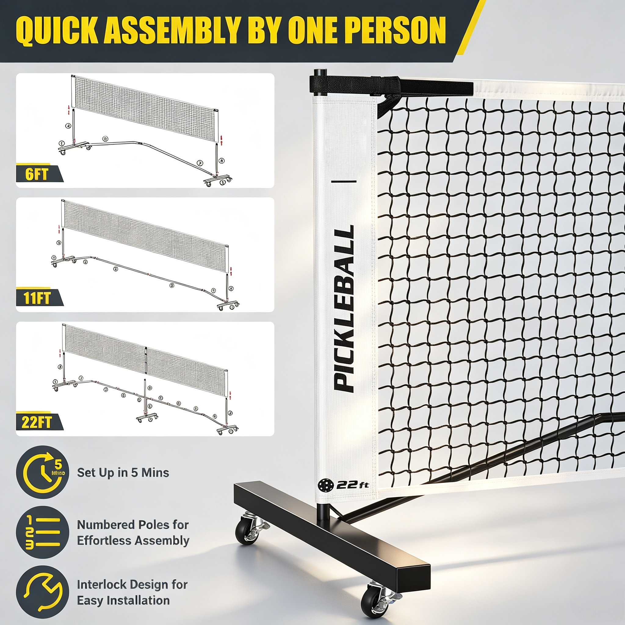 Convertible Pickleball Net Set – 6ft/11ft/22ft, Portable Wheeled Base, Heavy‑Duty 18‑Layer PE, Tool‑Free Assembly