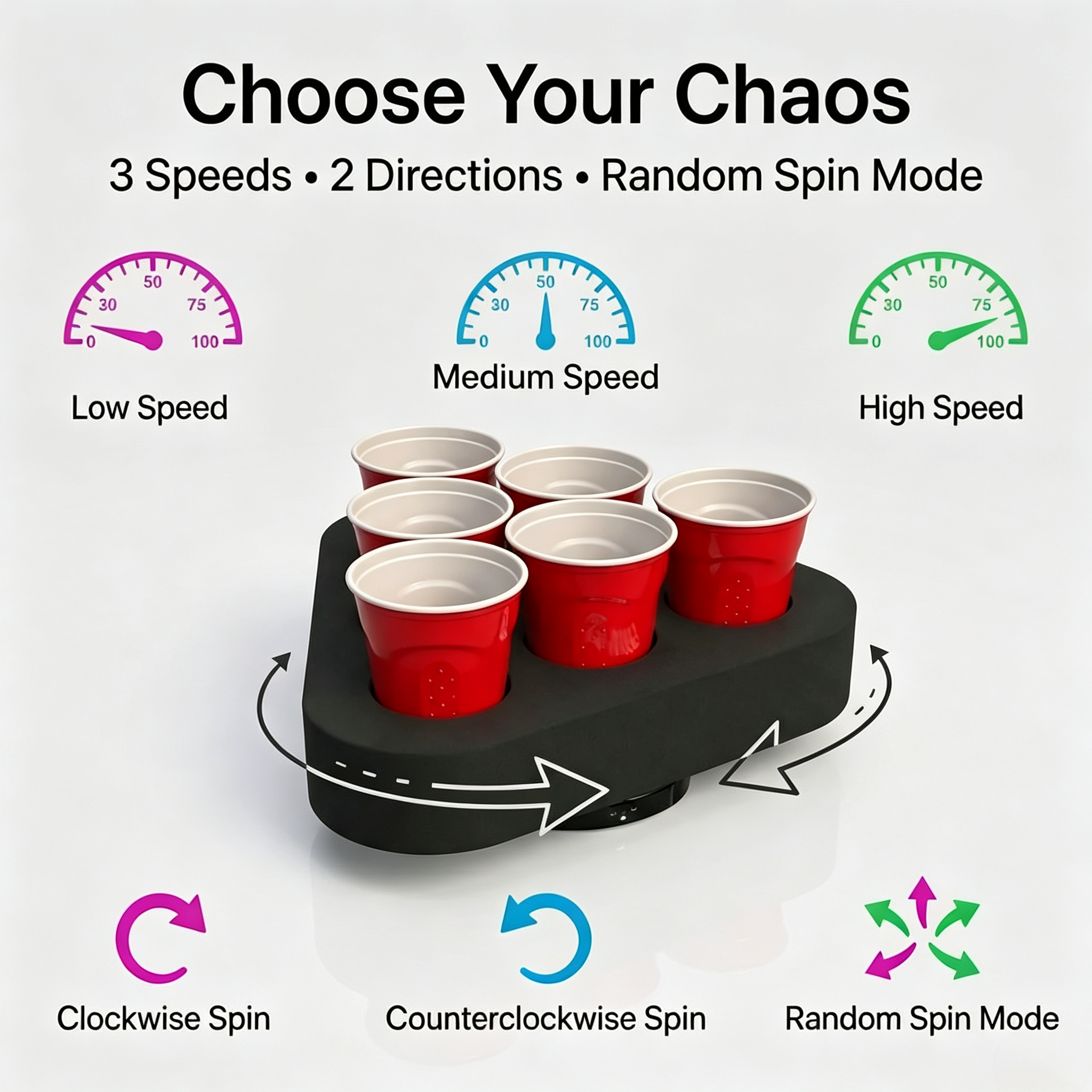 Spinning Cup Pong Game – USB‑C Rechargeable, 3–5 Hour Battery, for Parties, Tailgates & Dorms