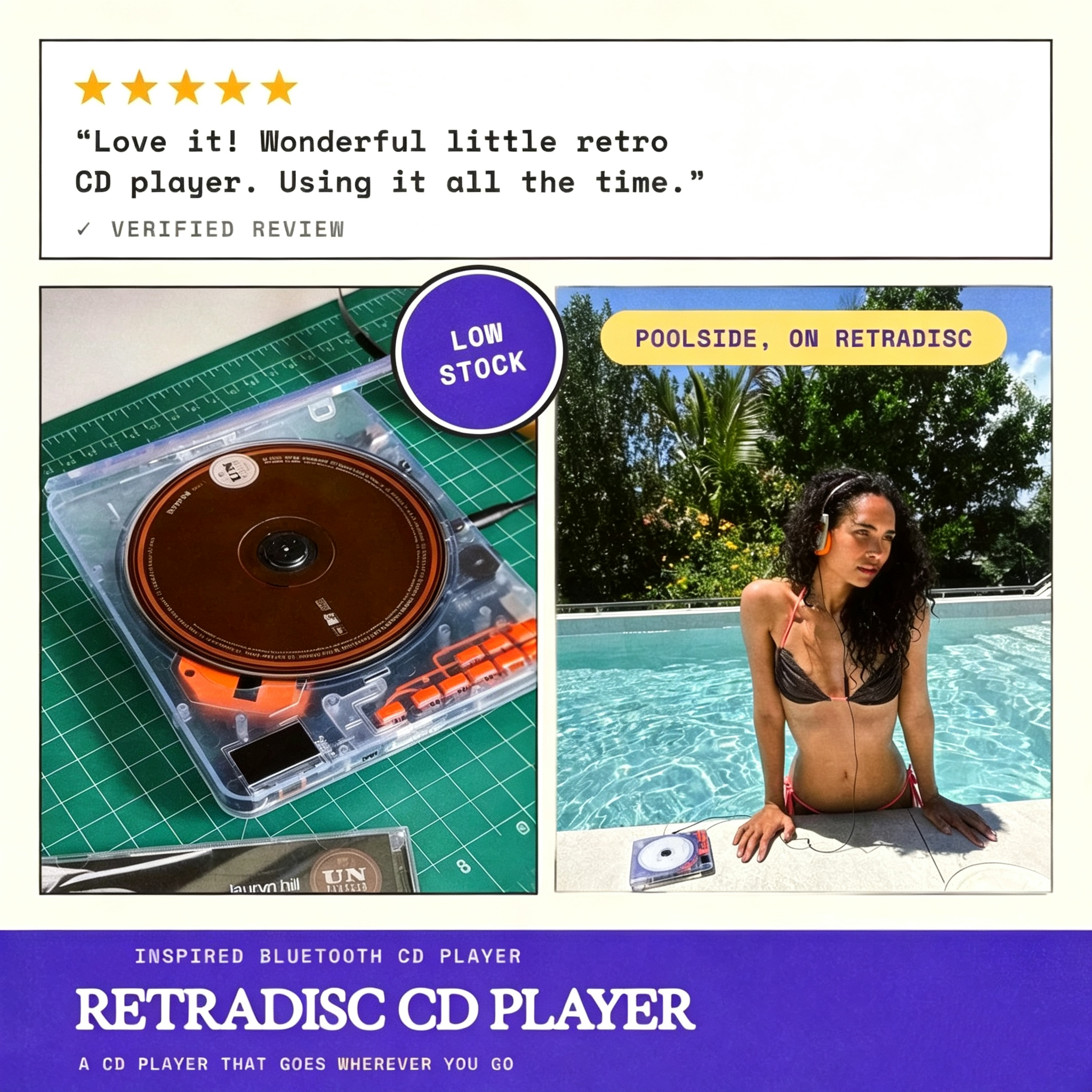 CD Player with Bluetooth & Wired Output – Transparent Shell, 100‑Second Anti‑Shock, 12+ Hour Battery