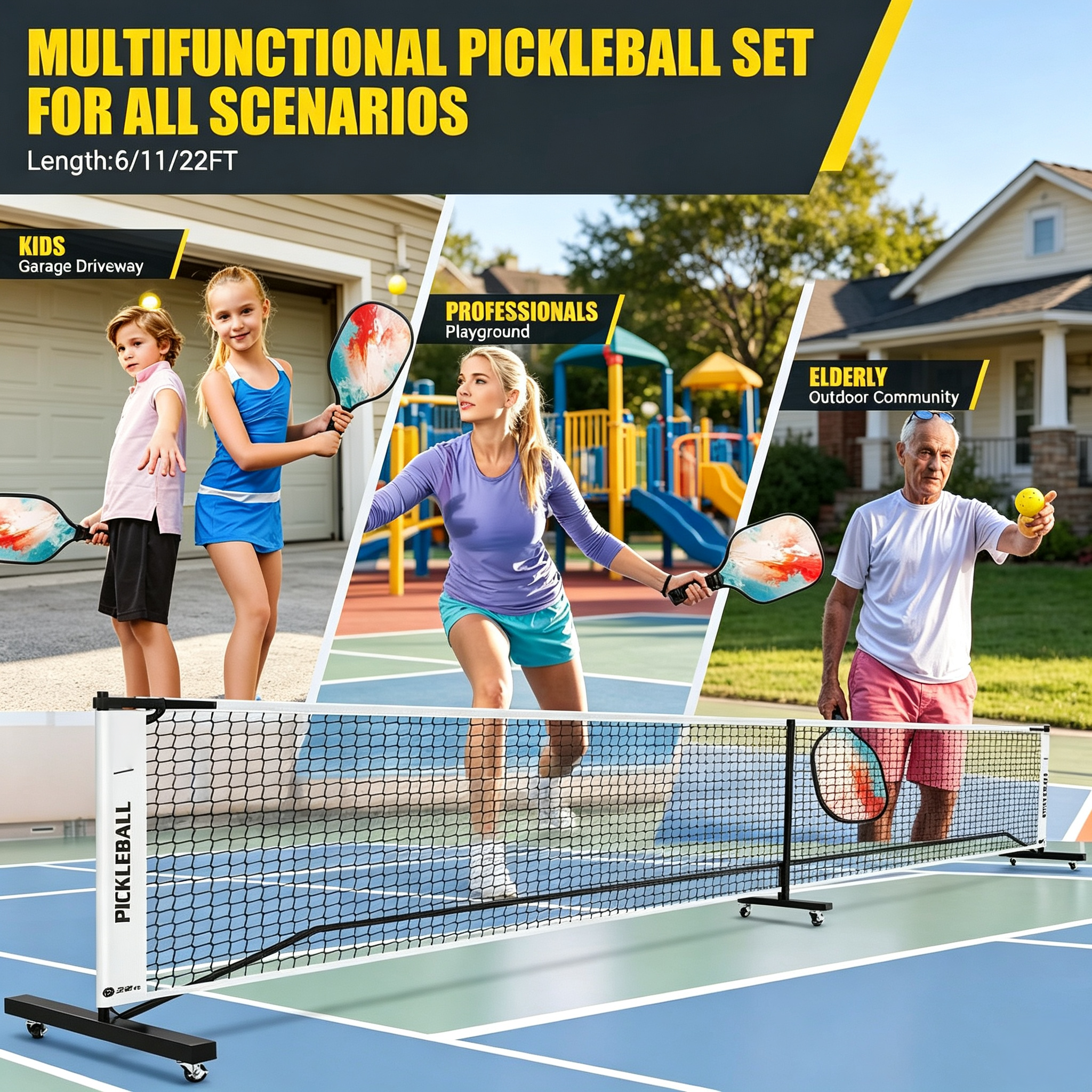 Convertible Pickleball Net Set – 6ft/11ft/22ft, Portable Wheeled Base, Heavy‑Duty 18‑Layer PE, Tool‑Free Assembly