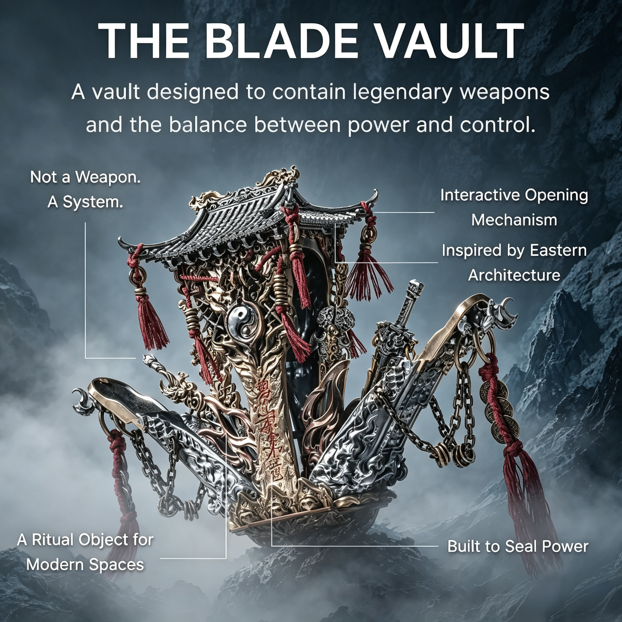 Blade Vault Display – Eastern Ceremonial Weapon Collection, 4 Mythic Blades, Collectible Art Object
