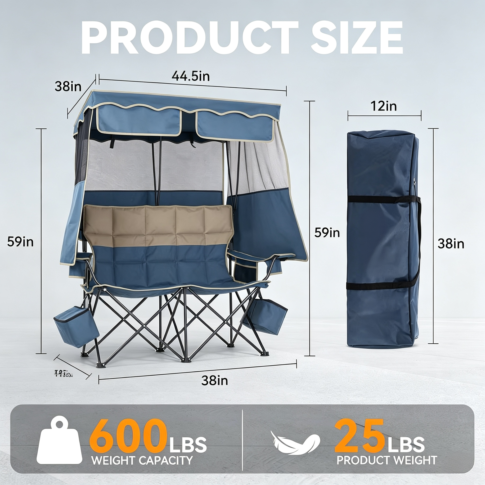Double Camping Chair with Canopy – 330lb Capacity, Cooler Bag, Cup Holder, Folding