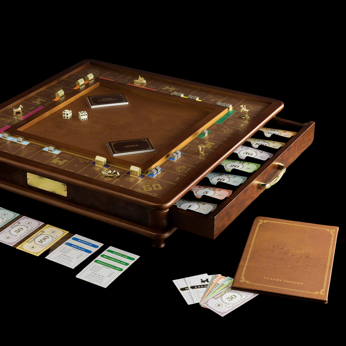 Luxury Wooden Board Game Set, Premium Classic Property Trading Game with Storage Drawers, Elegant Collectible Edition for Family & Display