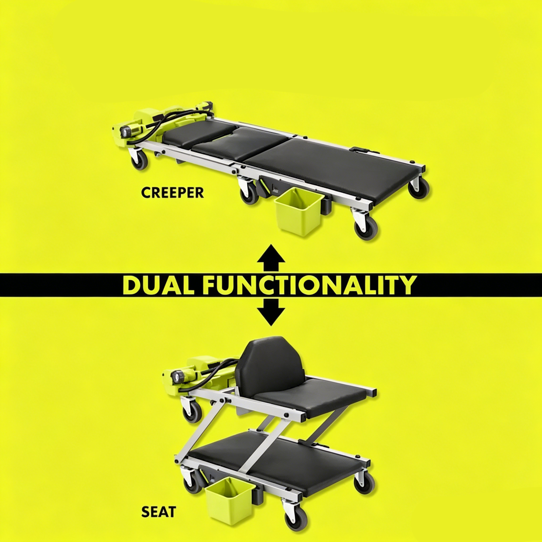 2‑in‑1 Automotive Creeper & Seat – Cordless, 800 Lumen LED, 400lb Capacity, 5‑Position Backrest