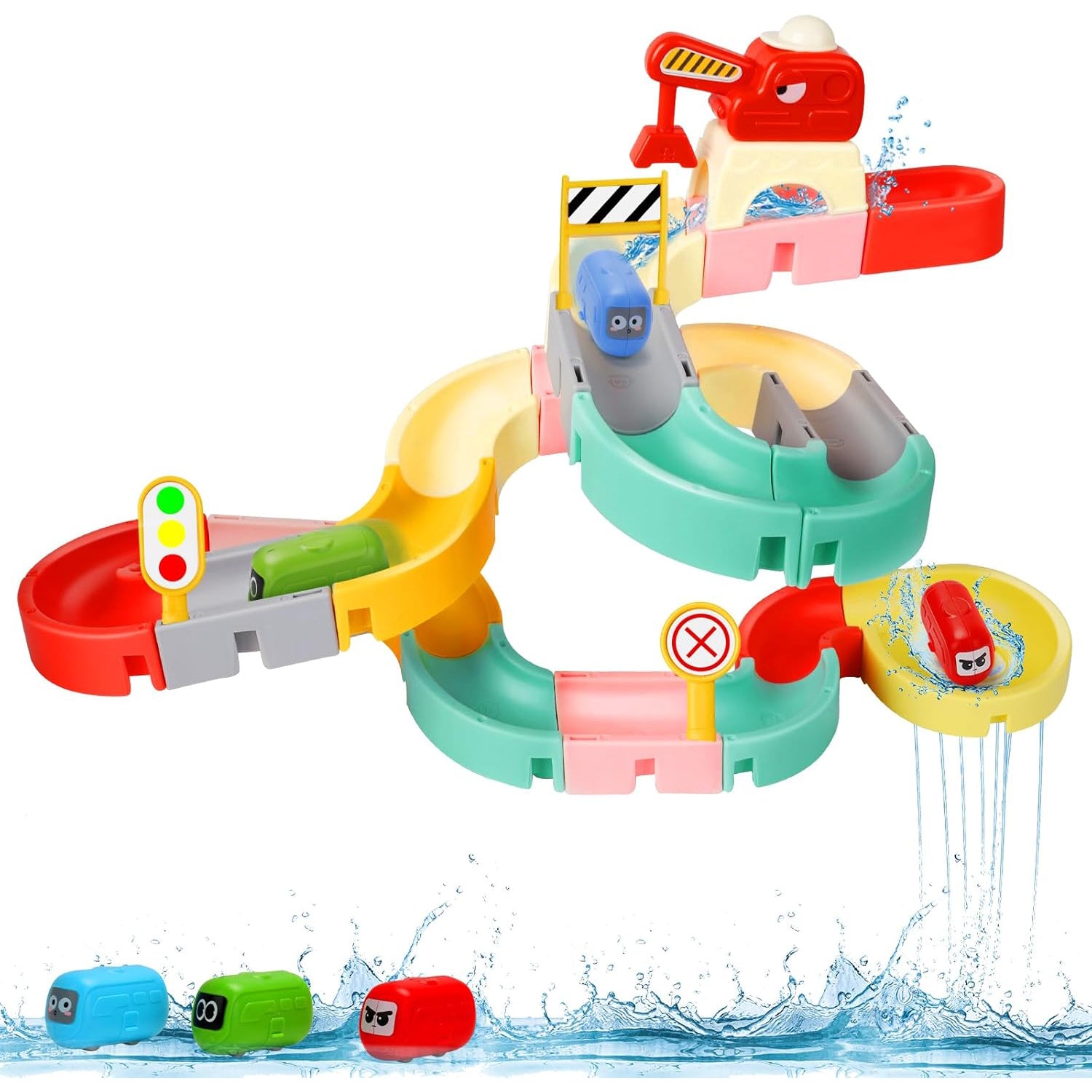 DIY Bath Track Toy Set – 37 Pieces, Suction Cup Tiles, Cars & Crane for Kids Ages 2–5