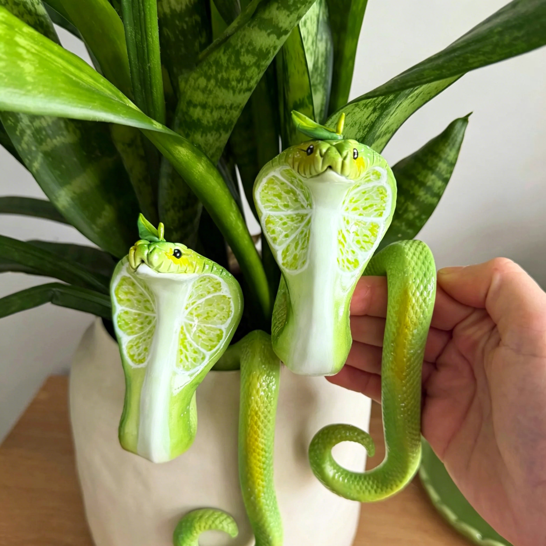 Cobra-Shaped Hanging Planter – Hand-Sculpted Lime Green Polymer Clay, Glossy Finish