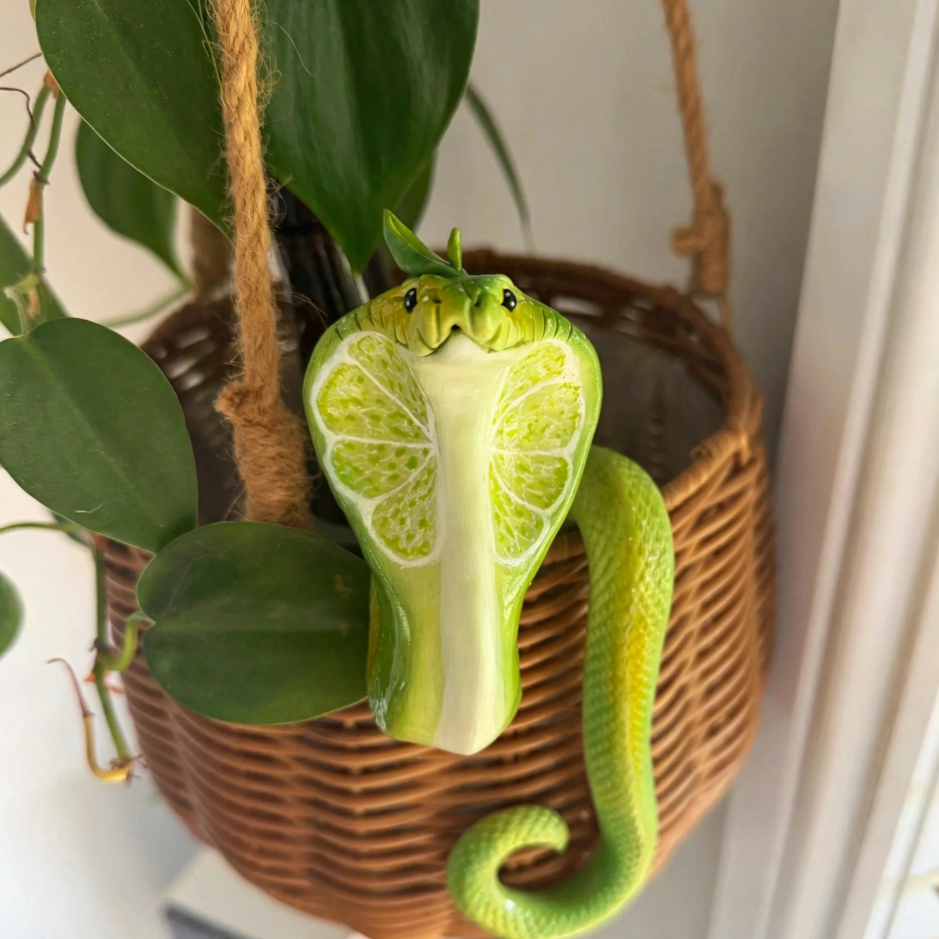 Cobra-Shaped Hanging Planter – Hand-Sculpted Lime Green Polymer Clay, Glossy Finish