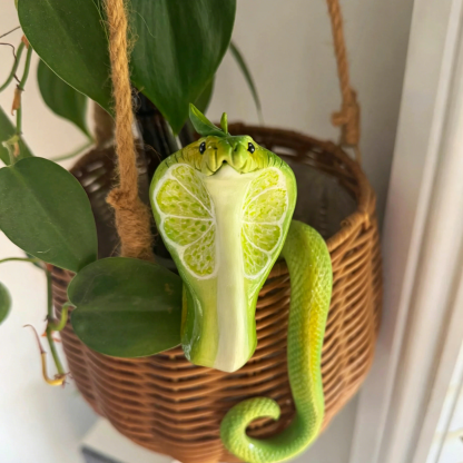 Cobra-Shaped Hanging Planter – Hand-Sculpted Lime Green Polymer Clay, Glossy Finish