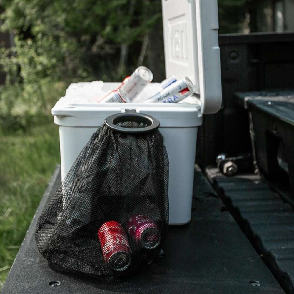 Cooler-Mounted Trash Can – Stainless Steel Bracket, Reusable Mesh Bag for Camping & Tailgates