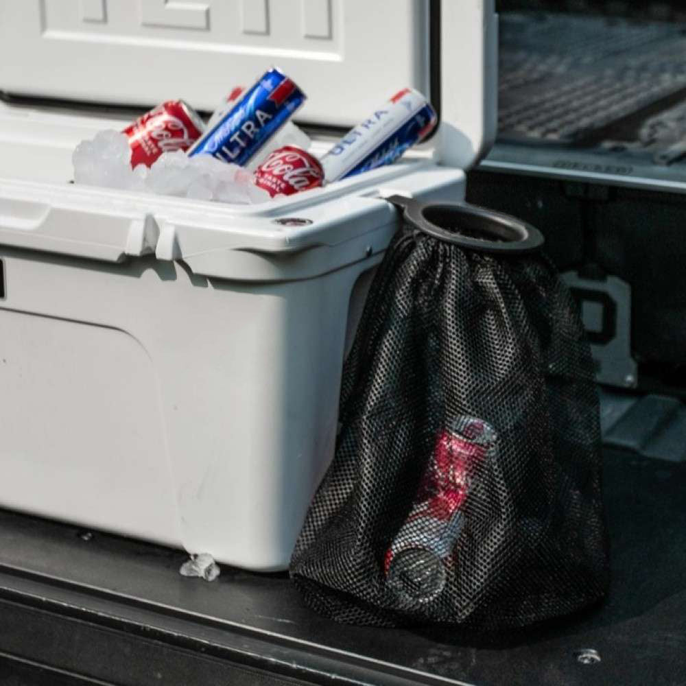Cooler-Mounted Trash Can – Stainless Steel Bracket, Reusable Mesh Bag for Camping & Tailgates
