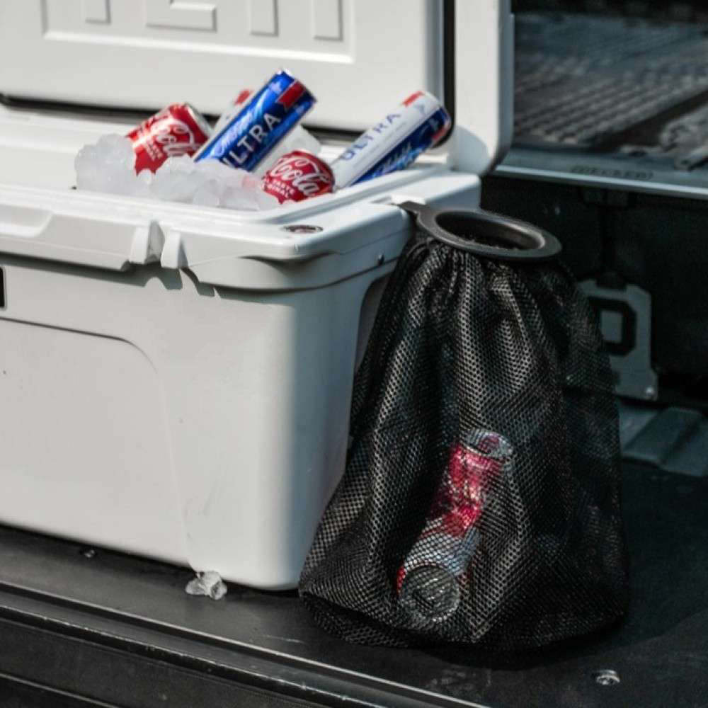 Cooler-Mounted Trash Can – Stainless Steel Bracket, Reusable Mesh Bag for Camping & Tailgates