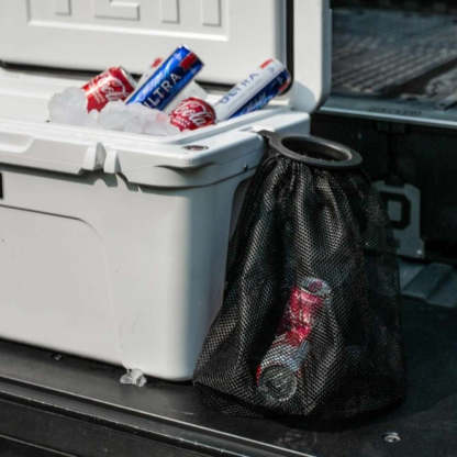 Cooler-Mounted Trash Can – Stainless Steel Bracket, Reusable Mesh Bag for Camping & Tailgates