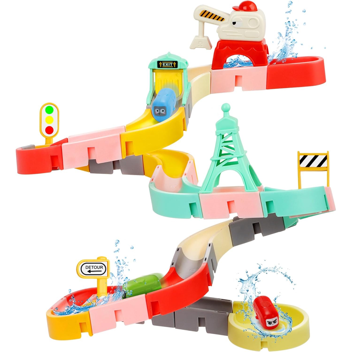 DIY Bath Track Toy Set – 37 Pieces, Suction Cup Tiles, Cars & Crane for Kids Ages 2–5