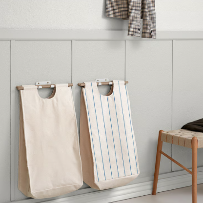 Wall-Mounted Laundry Bag – Oak Wood & Metal Hook, Minimalist Scandinavian Style
