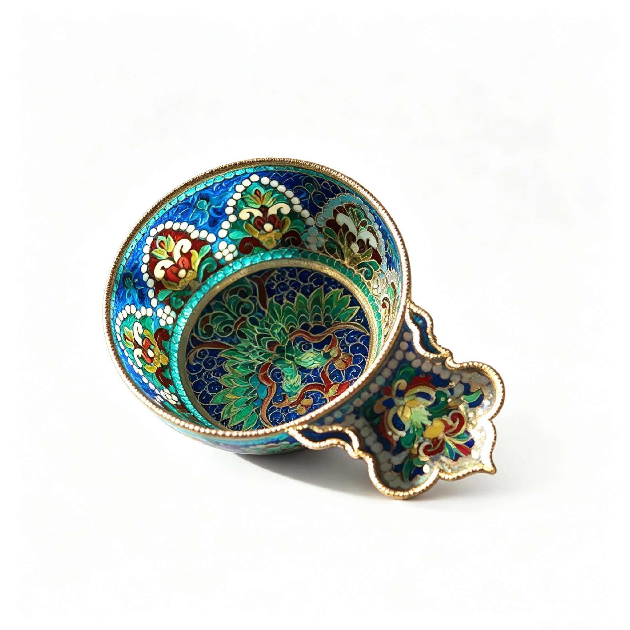 Handcrafted Cloisonné Enamel Cup – 925 Silver Filigree, Heraldic Double‑Headed Eagle, Stained‑Glass Technique
