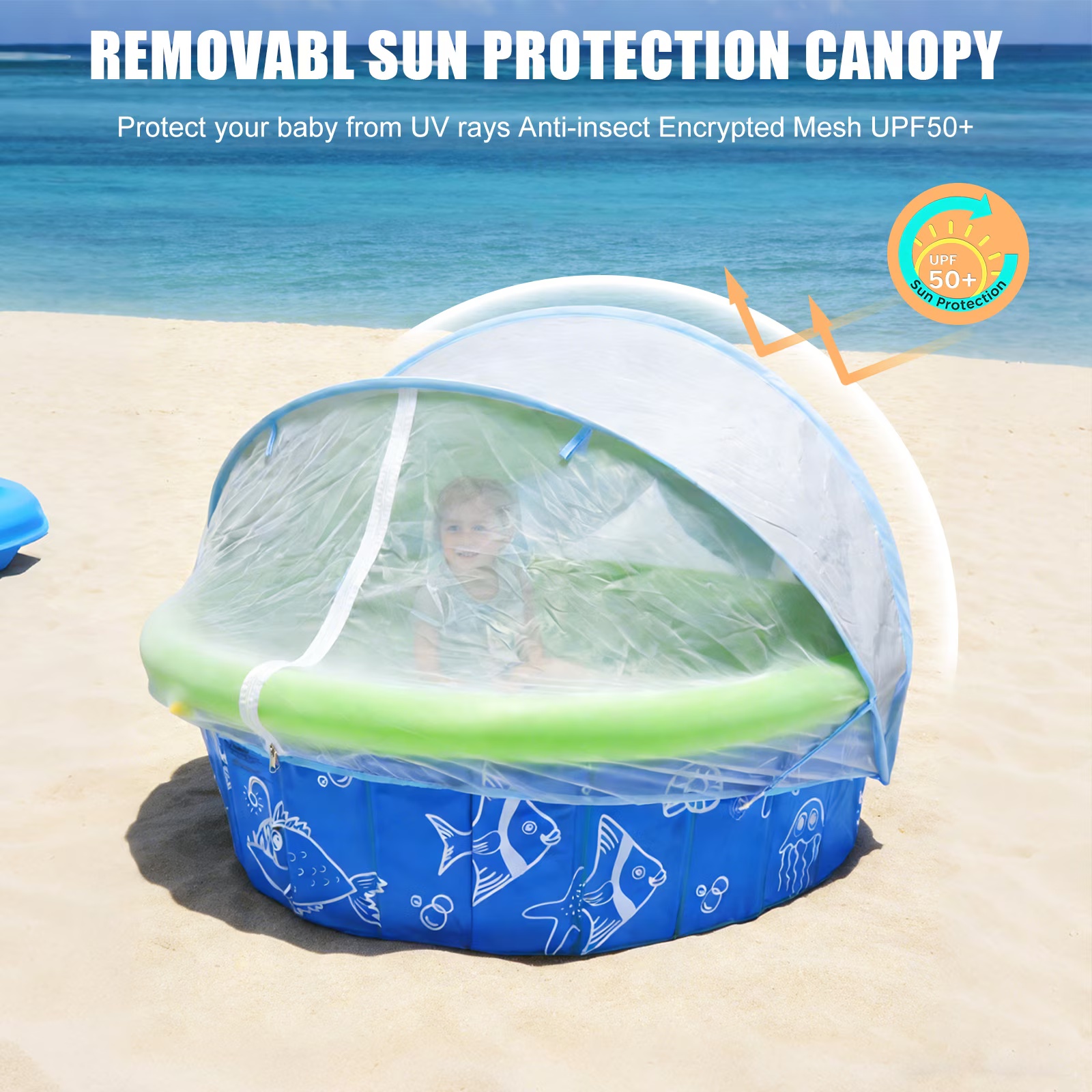 Foldable Kiddie Pool with Canopy & Sprinkler – 47″ Diameter, UV‑Blocking Shade, Hose‑Connected Spray, for Toddlers & Dogs