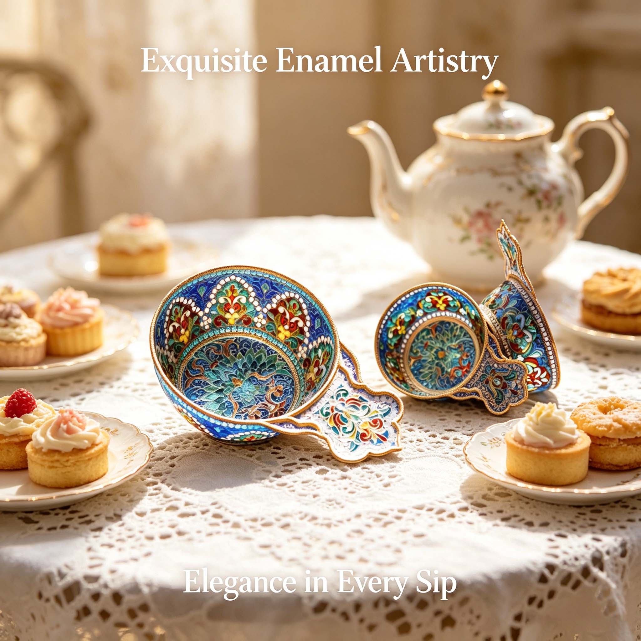 Handcrafted Cloisonné Enamel Cup – 925 Silver Filigree, Heraldic Double‑Headed Eagle, Stained‑Glass Technique
