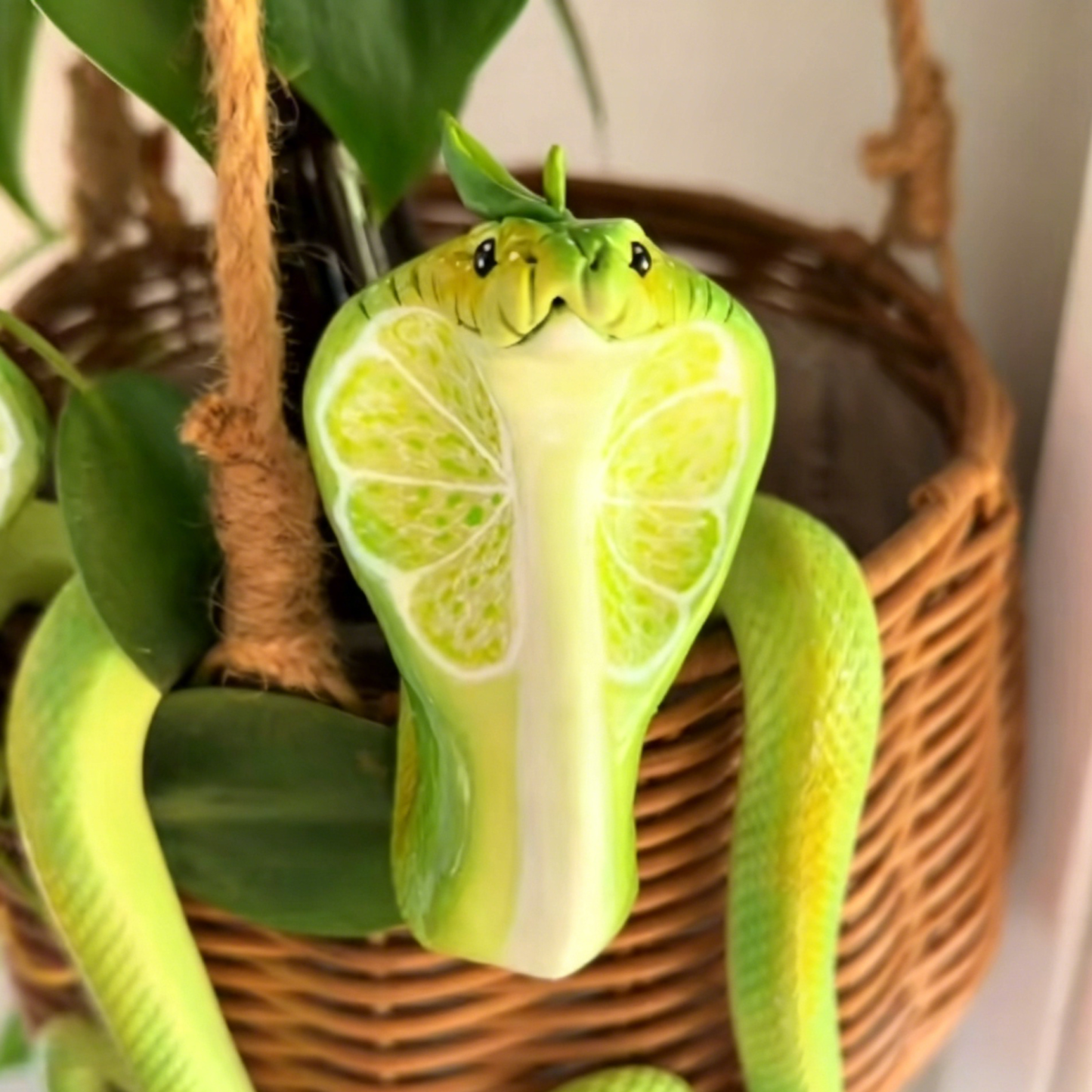 Cobra-Shaped Hanging Planter – Hand-Sculpted Lime Green Polymer Clay, Glossy Finish