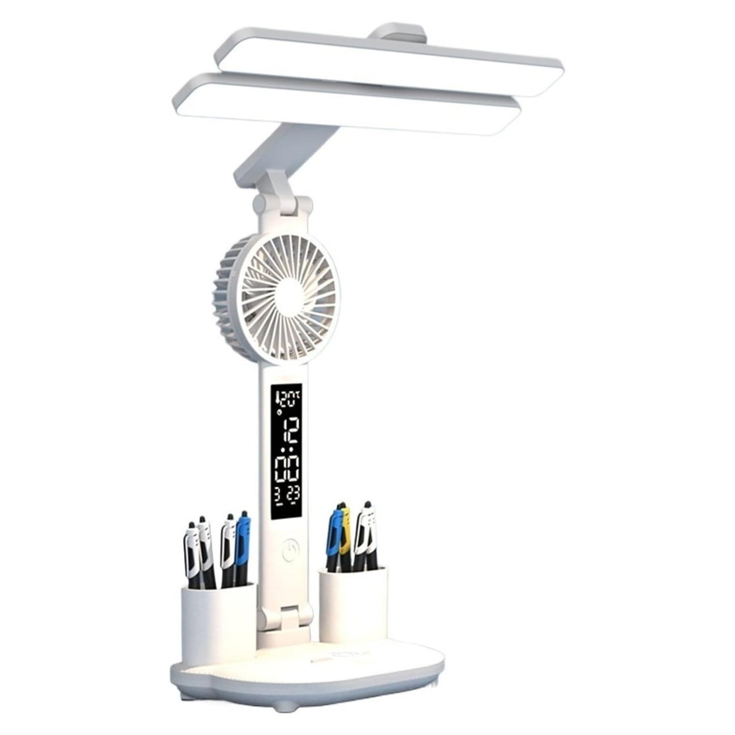 Study Desk Lamp with Fan, Clock, and Pen Holder – USB-Powered Reading Light for Bedside