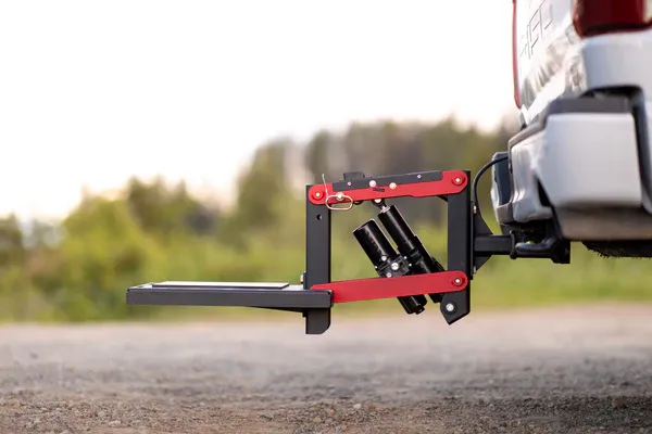 Motorcycle Lift Carrier – Steel Peg Clamp System, KYB Actuator, Adjustable Hitch Fit, for Bed Access