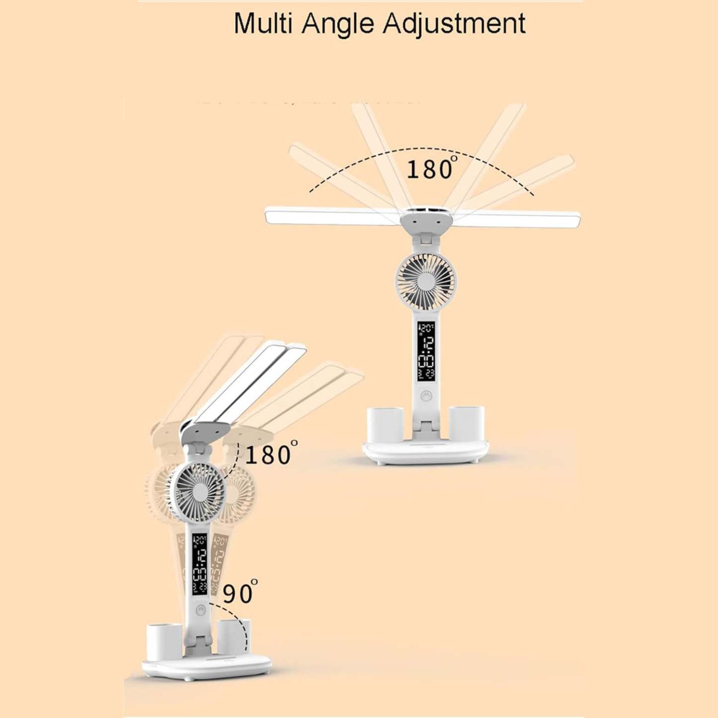 Study Desk Lamp with Fan, Clock, and Pen Holder – USB-Powered Reading Light for Bedside