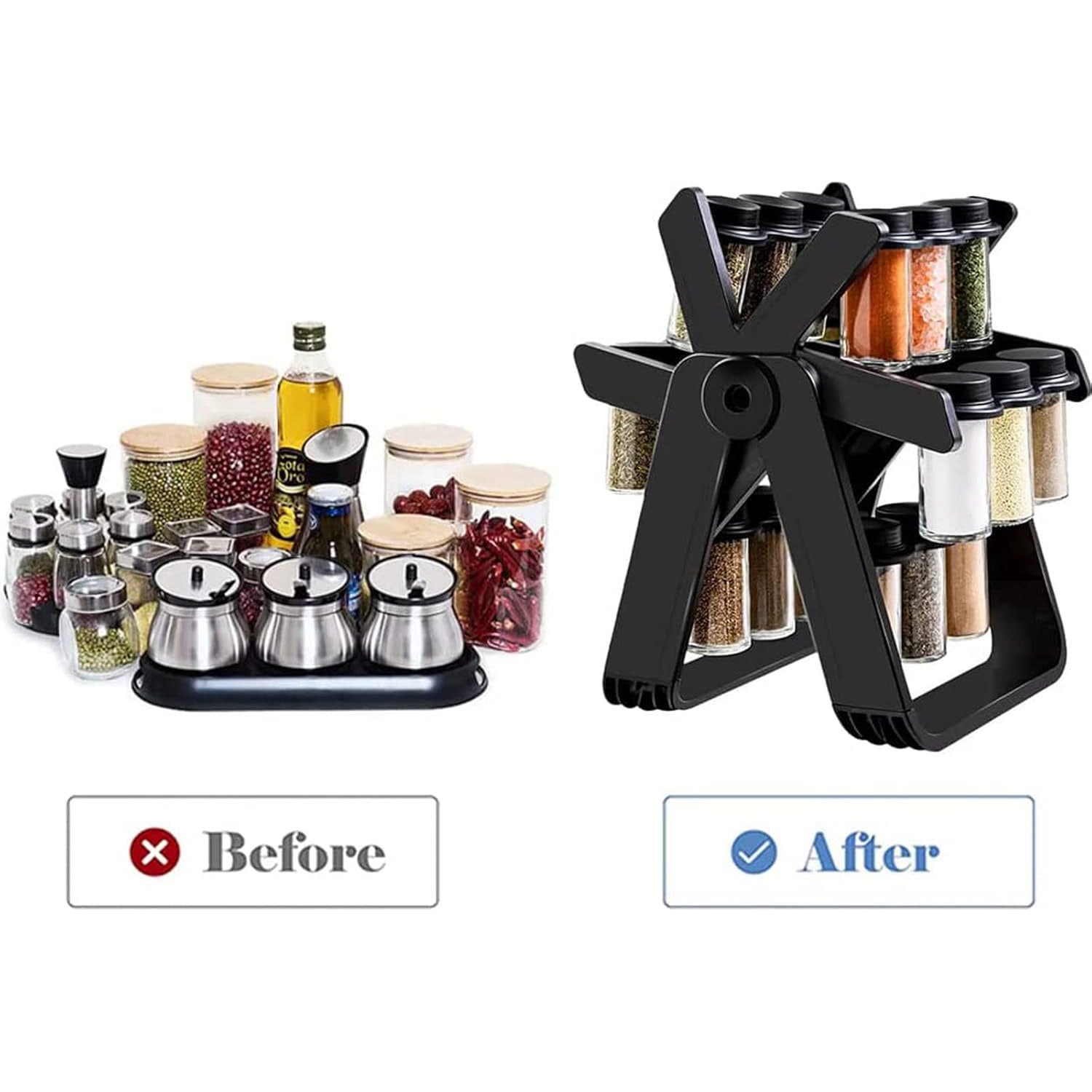 360° Rotating Spice Rack – Ferris Wheel Design, 18 Glass Jars, Space‑Saving Countertop Organizer