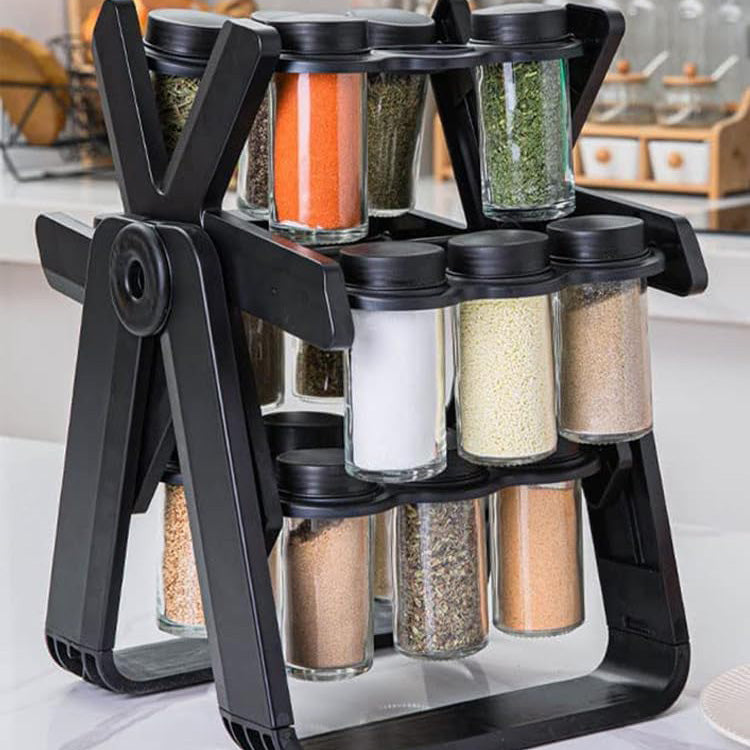 360° Rotating Spice Rack – Ferris Wheel Design, 18 Glass Jars, Space‑Saving Countertop Organizer