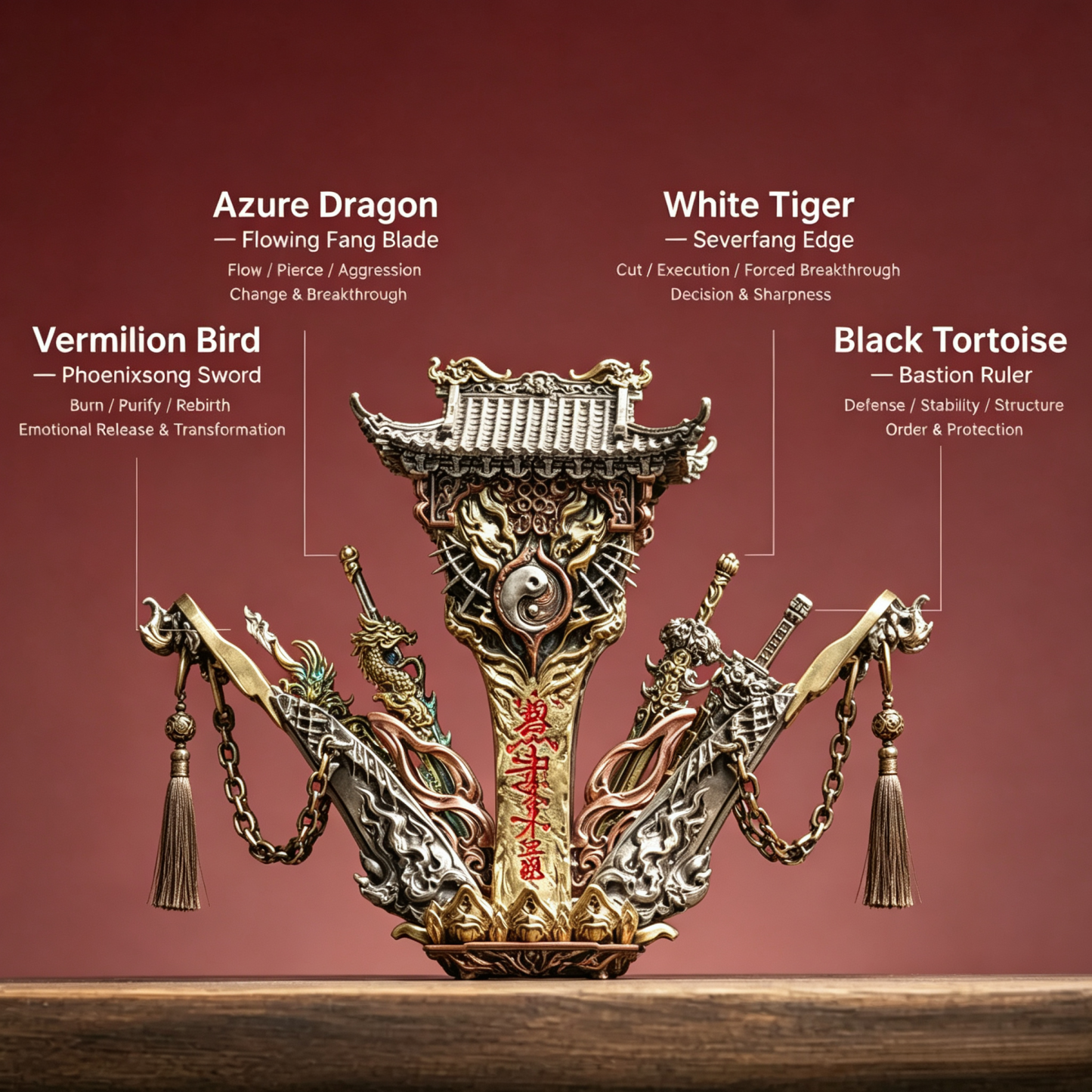 Blade Vault Display – Eastern Ceremonial Weapon Collection, 4 Mythic Blades, Collectible Art Object