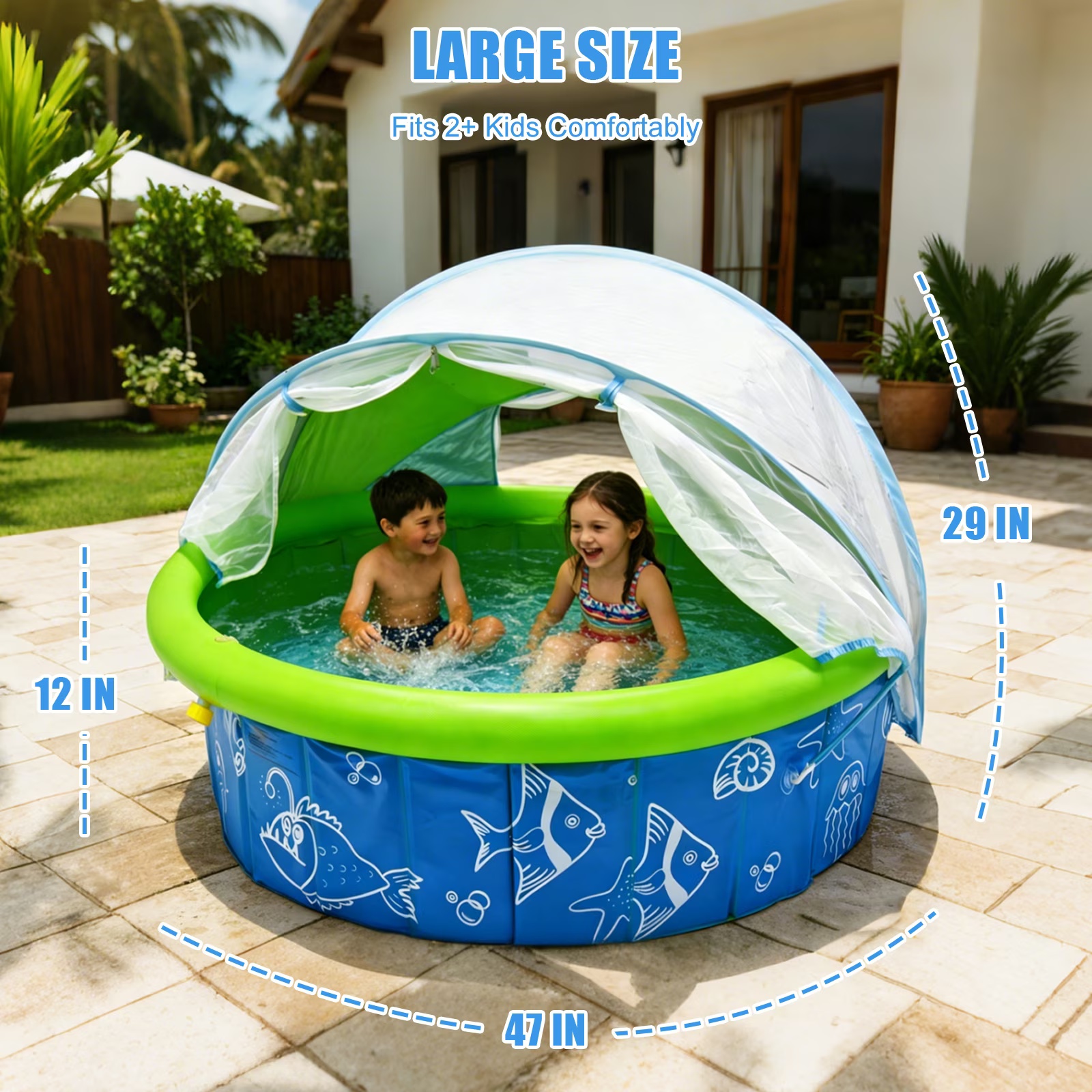 Foldable Kiddie Pool with Canopy & Sprinkler – 47″ Diameter, UV‑Blocking Shade, Hose‑Connected Spray, for Toddlers & Dogs