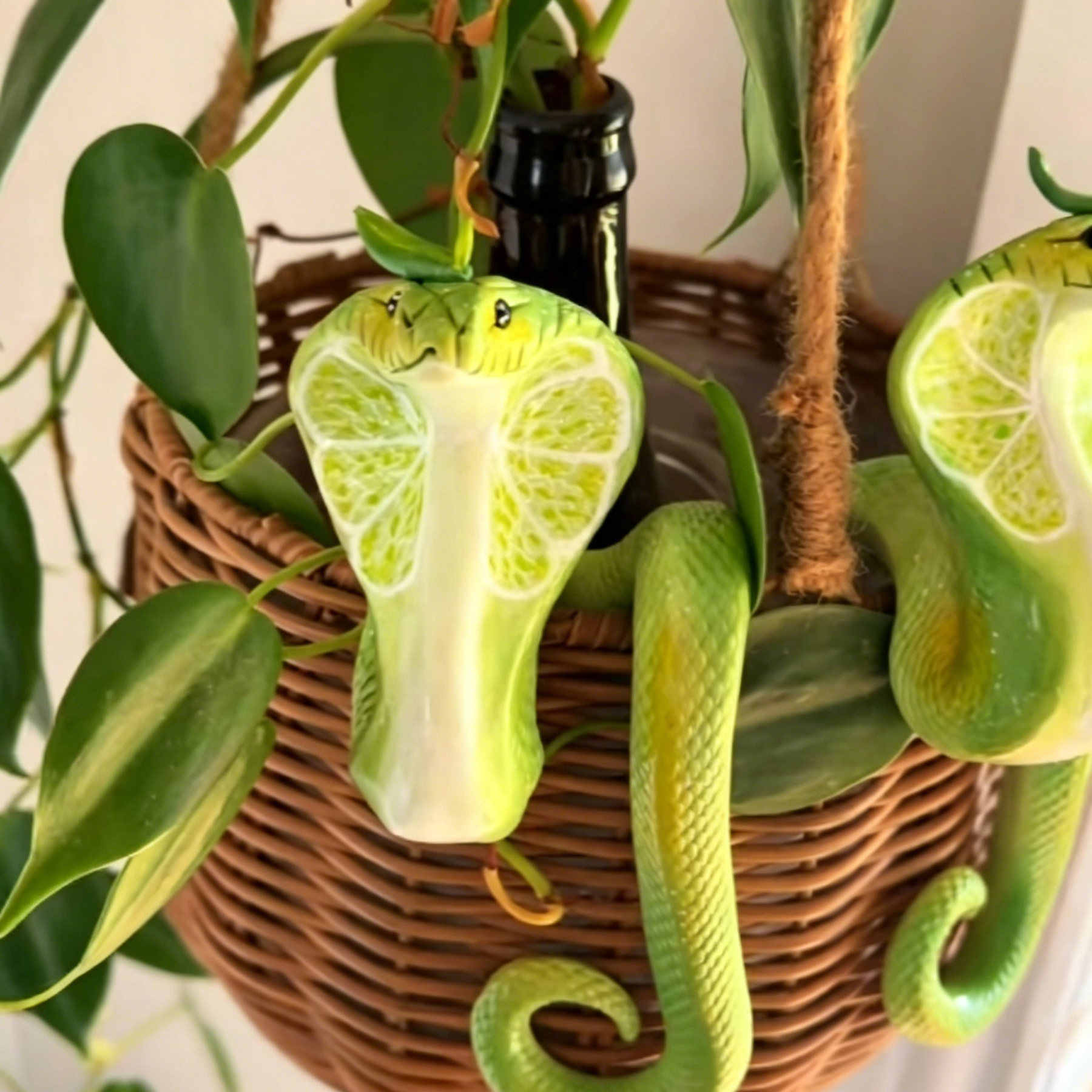 Cobra-Shaped Hanging Planter – Hand-Sculpted Lime Green Polymer Clay, Glossy Finish