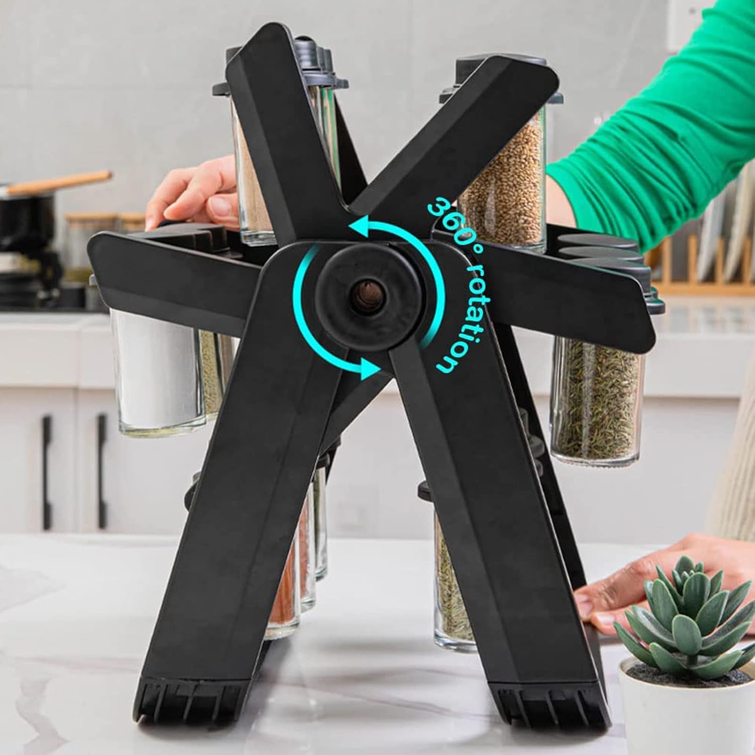 360° Rotating Spice Rack – Ferris Wheel Design, 18 Glass Jars, Space‑Saving Countertop Organizer