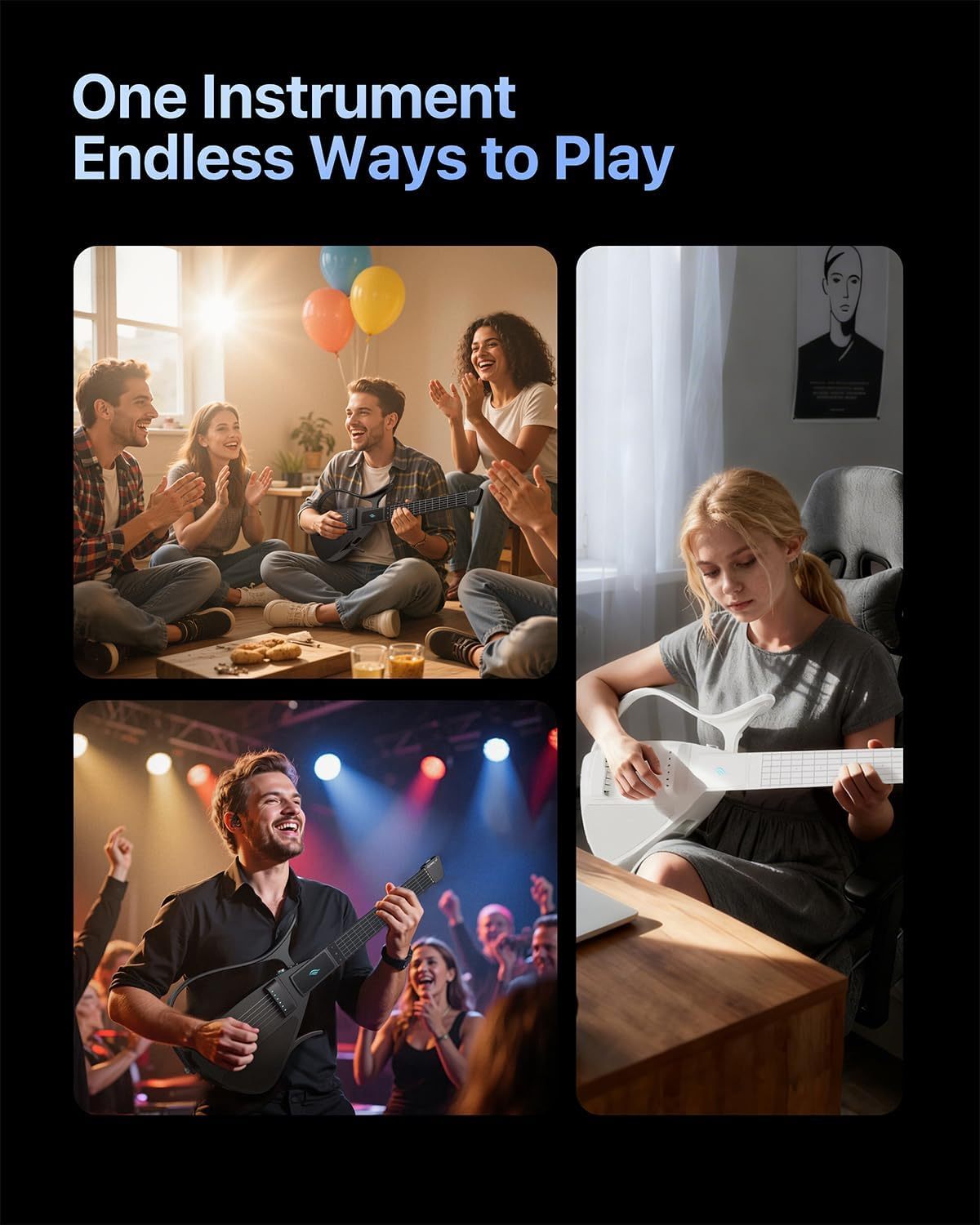 Smart Foldable Guitar – Silicone Strings, 24 Built‑in Tones, Silent Practice, App‑Connected