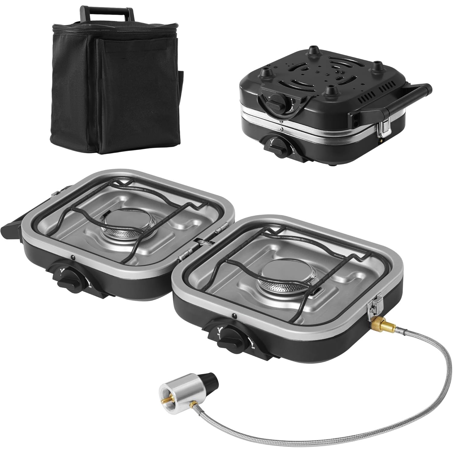 Double Burner Foldable Propane Stove – Dual Independent Burners, Piezo Ignition, Carry Bag Included