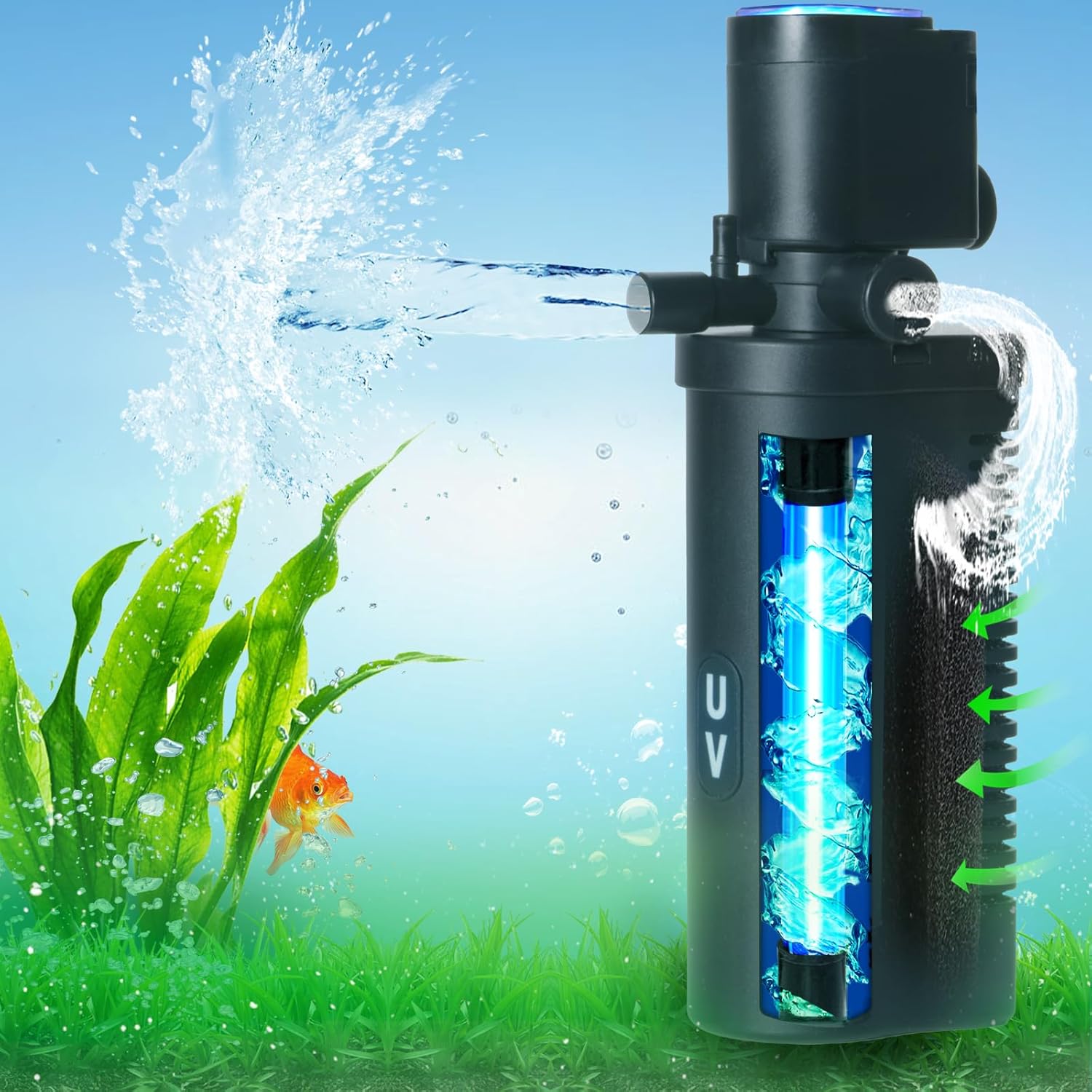 Aquarium filter with built-in UV sterilization lamp and silent built-in water pump.