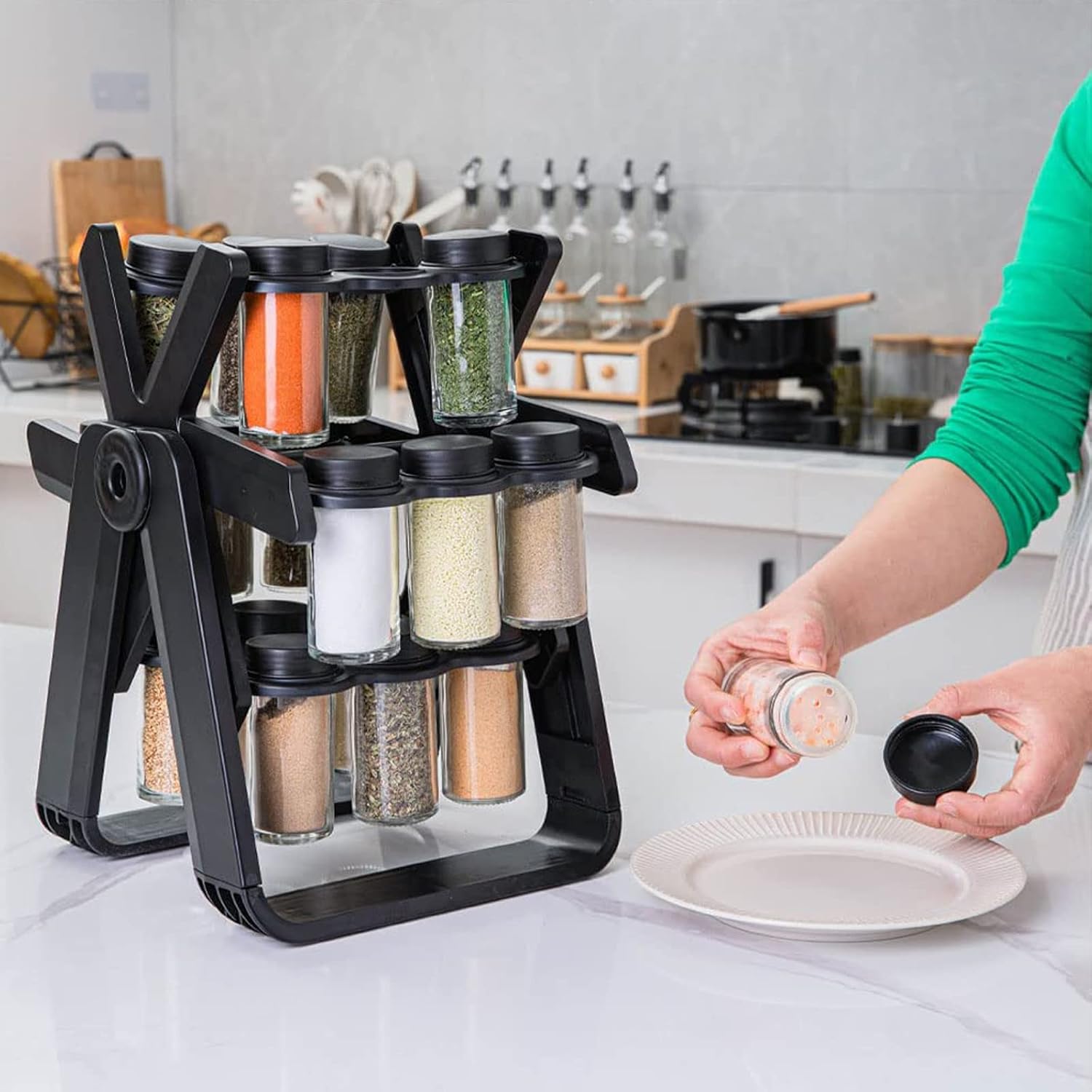 360° Rotating Spice Rack – Ferris Wheel Design, 18 Glass Jars, Space‑Saving Countertop Organizer