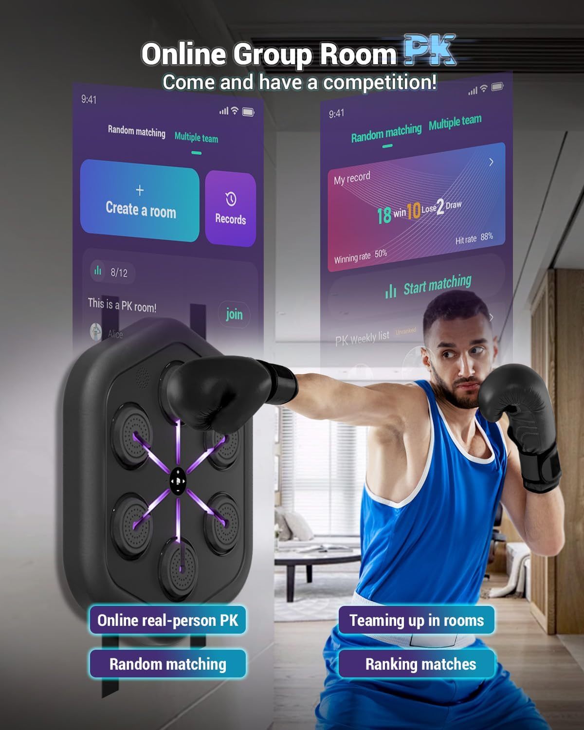Smart Music Boxing Machine – Rhythm‑Synchronized Lights, App Control, Adjustable Height, for Home Workouts