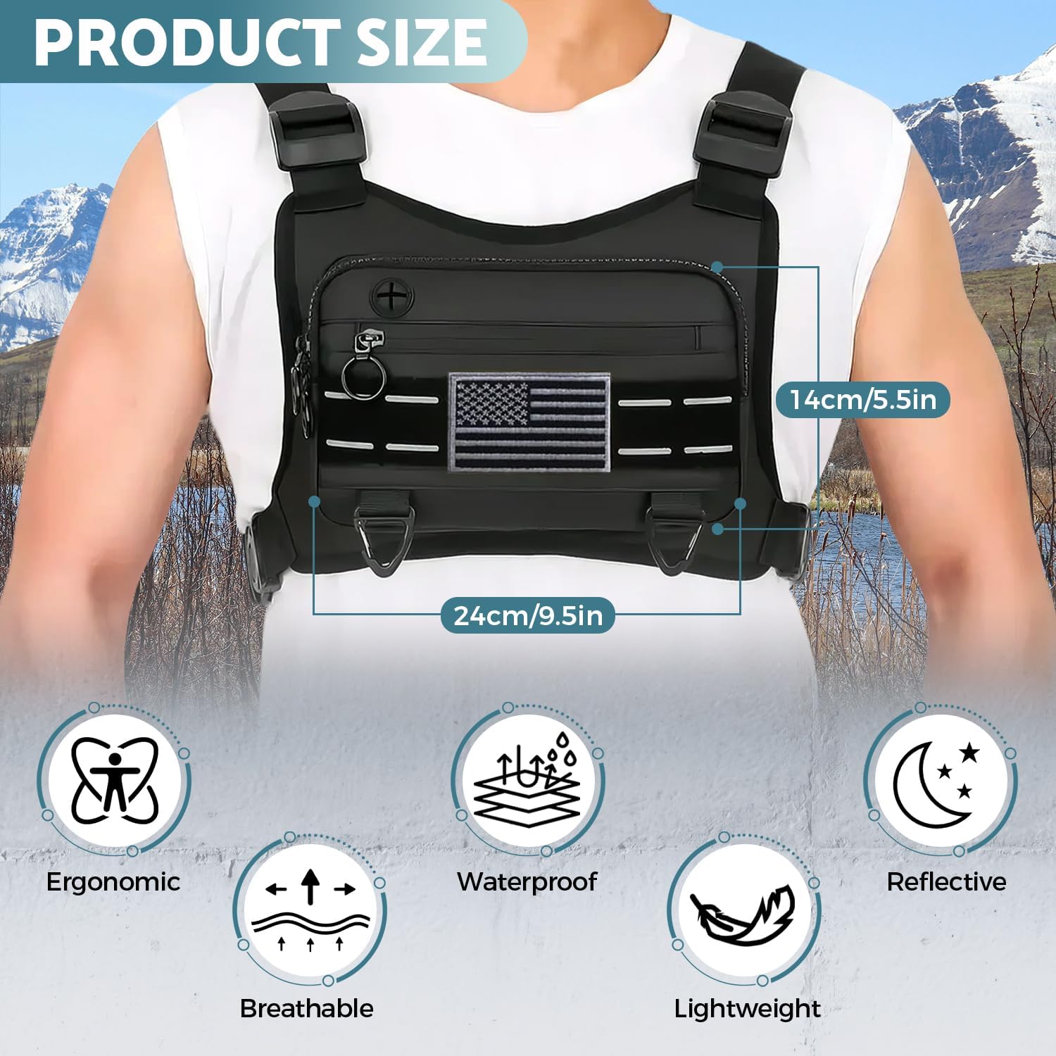 Men's Waterproof Sports Chest Bag with Adjustable Straps, Reflective Design, for Running