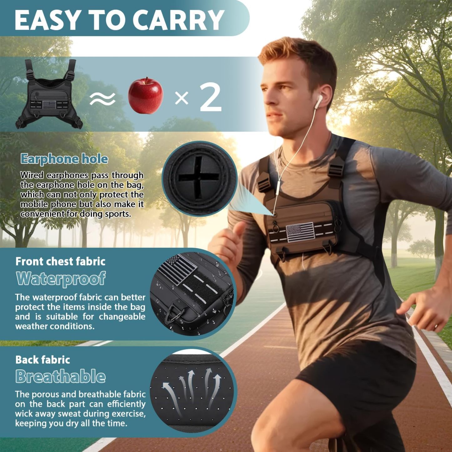 Men's Waterproof Sports Chest Bag with Adjustable Straps, Reflective Design, for Running