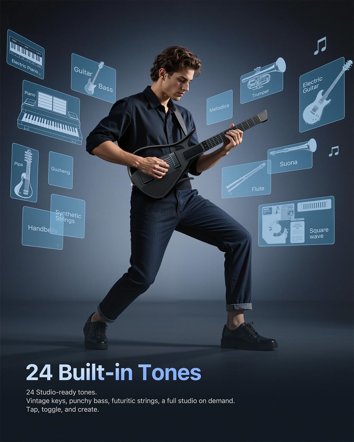 Smart Foldable Guitar – Silicone Strings, 24 Built‑in Tones, Silent Practice, App‑Connected