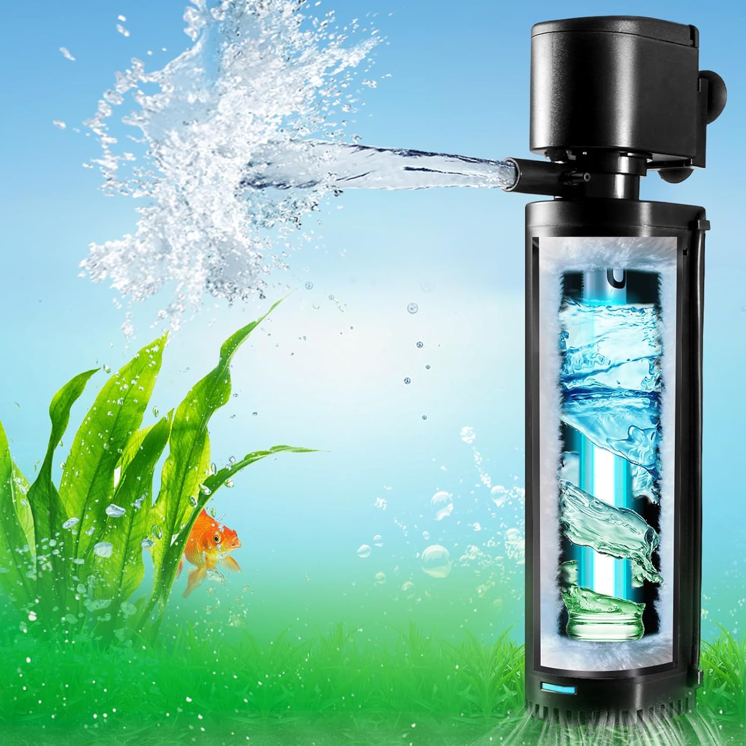 Aquarium filter with built-in UV sterilization lamp and silent built-in water pump.