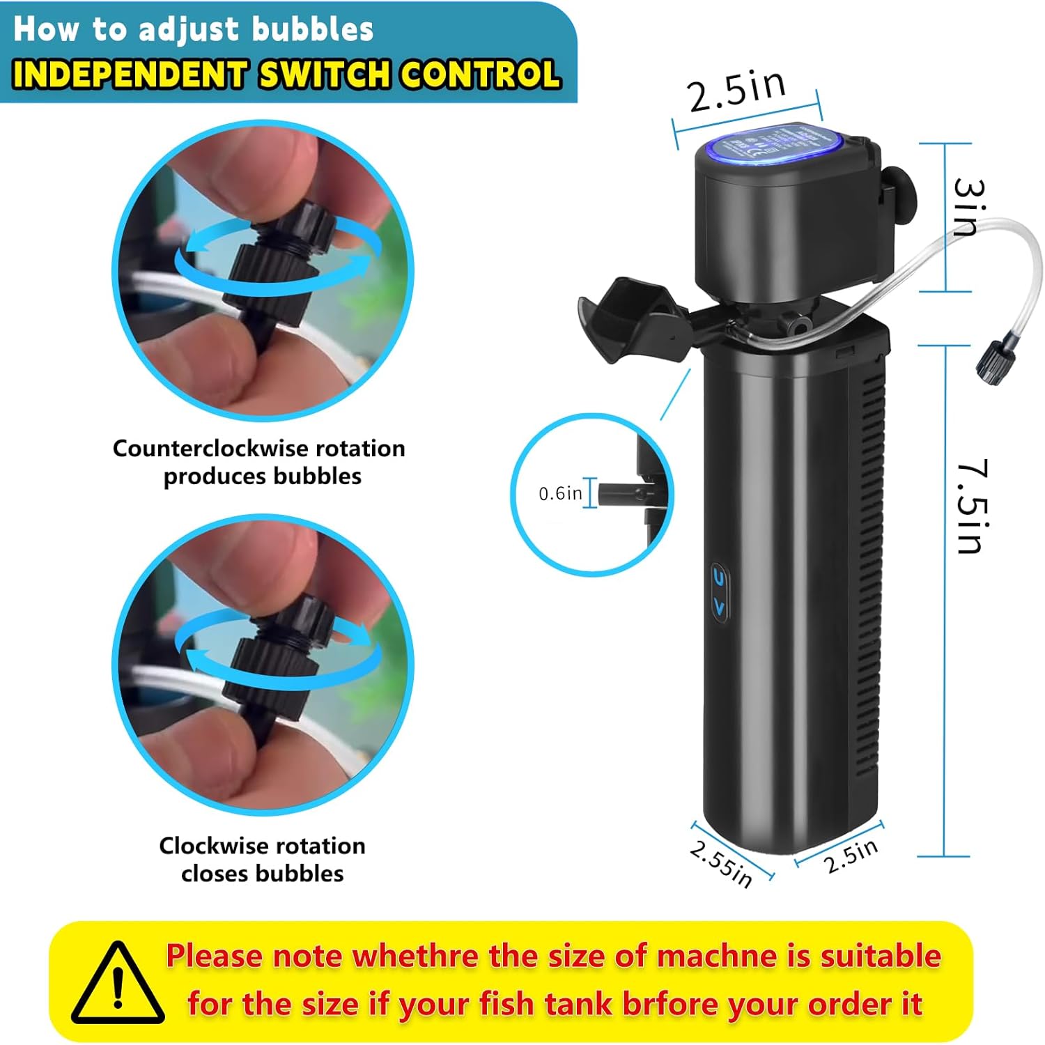 Aquarium filter with built-in UV sterilization lamp and silent built-in water pump.