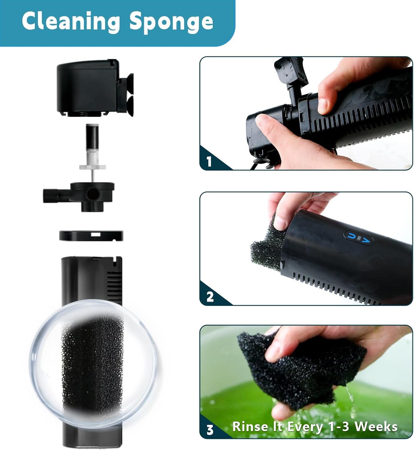 Aquarium filter with built-in UV sterilization lamp and silent built-in water pump.