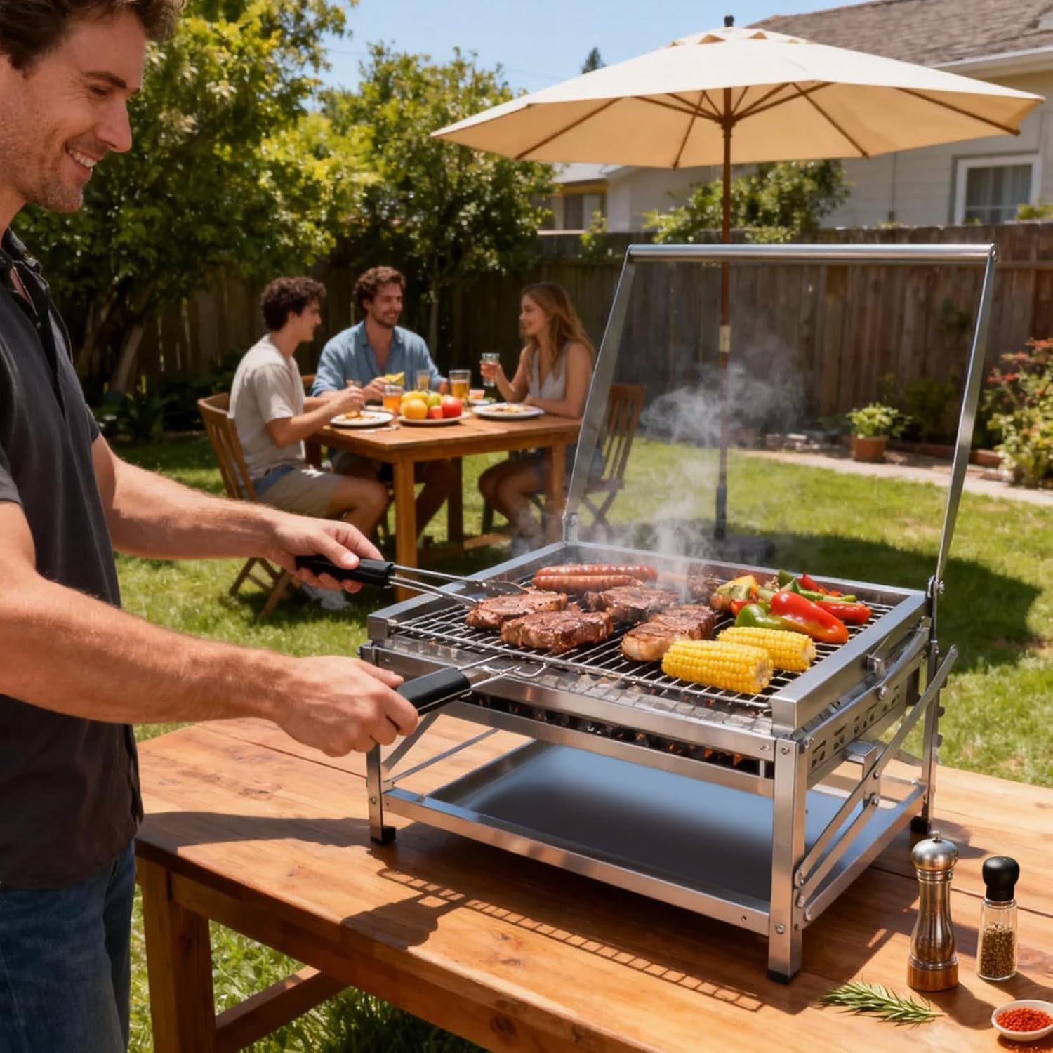 Portable Multi-Function Charcoal Grill – 180° Rotating Rack, 4‑Level Temperature Control, for Camping & Backyard