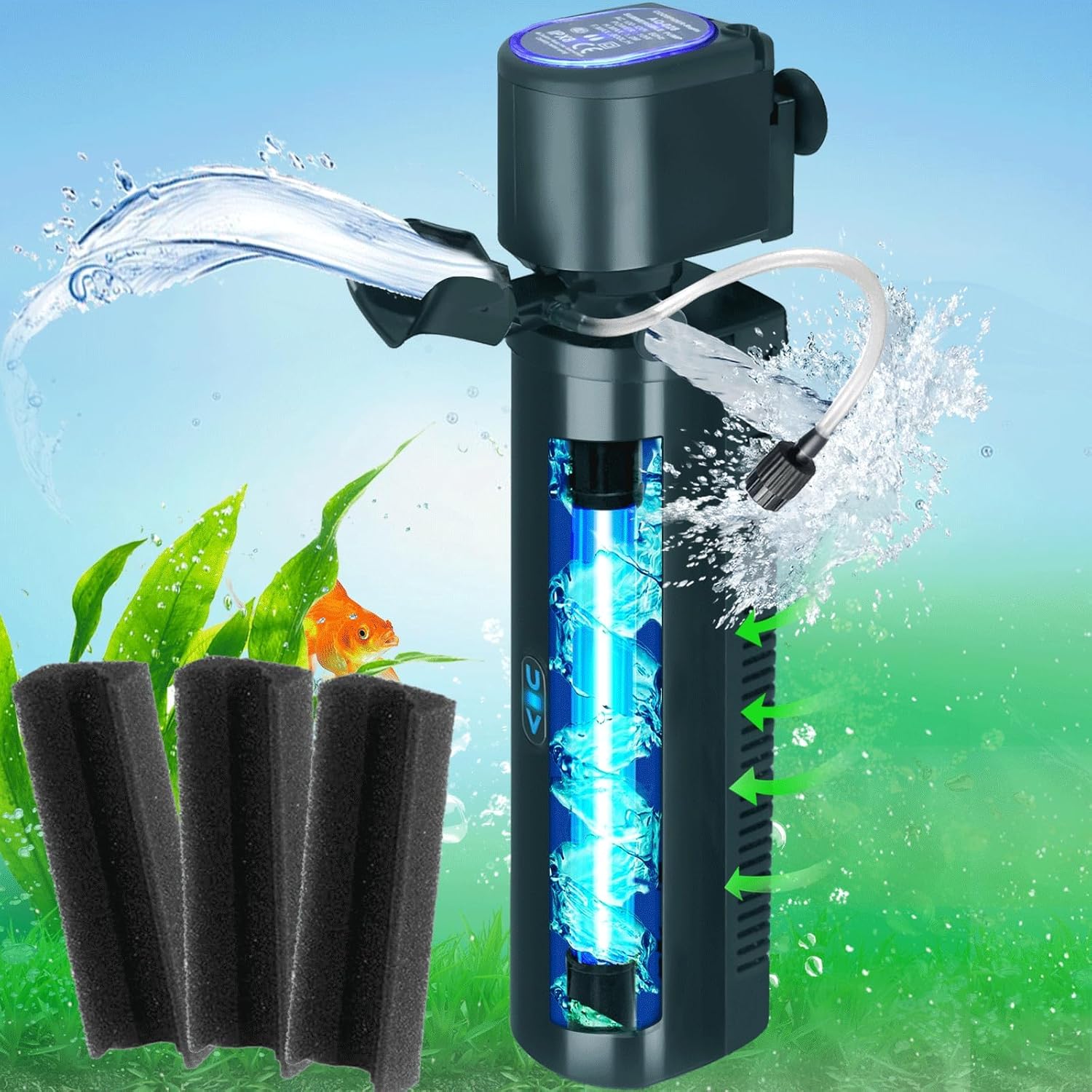Aquarium filter with built-in UV sterilization lamp and silent built-in water pump.