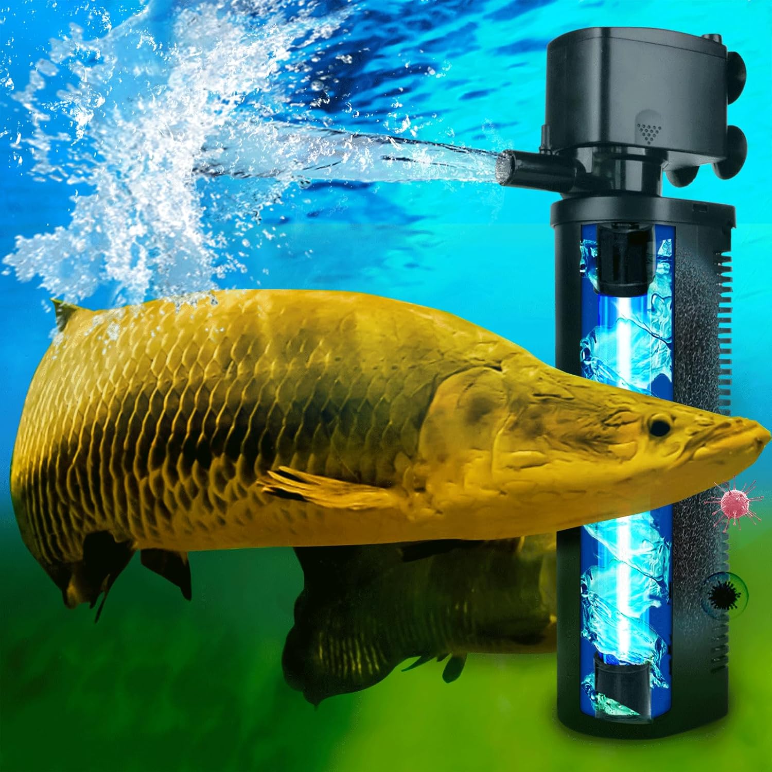 Aquarium filter with built-in UV sterilization lamp and silent built-in water pump.
