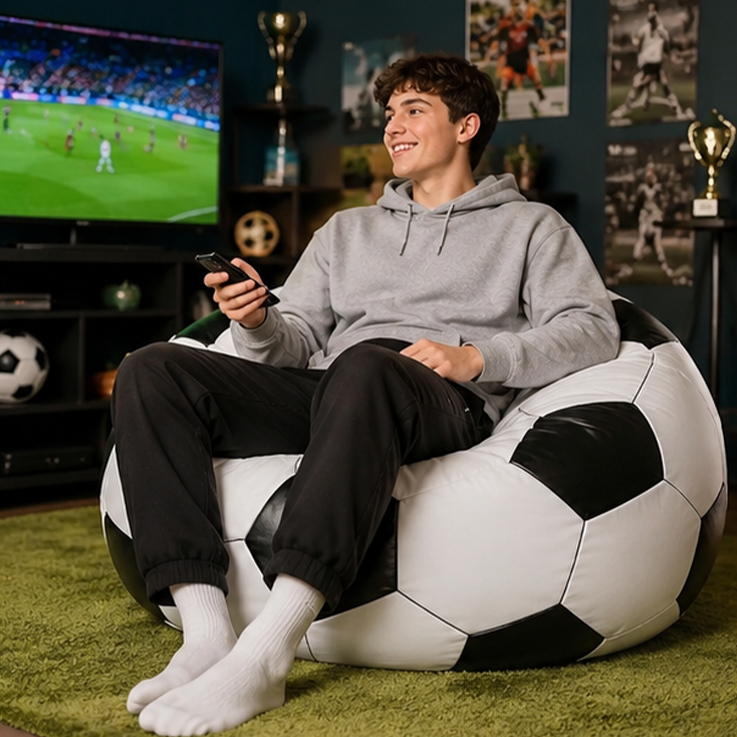 Inflatable Soccer Beanbag Sofa – Foldable, Portable, Waterproof, Classic Black & White Pattern