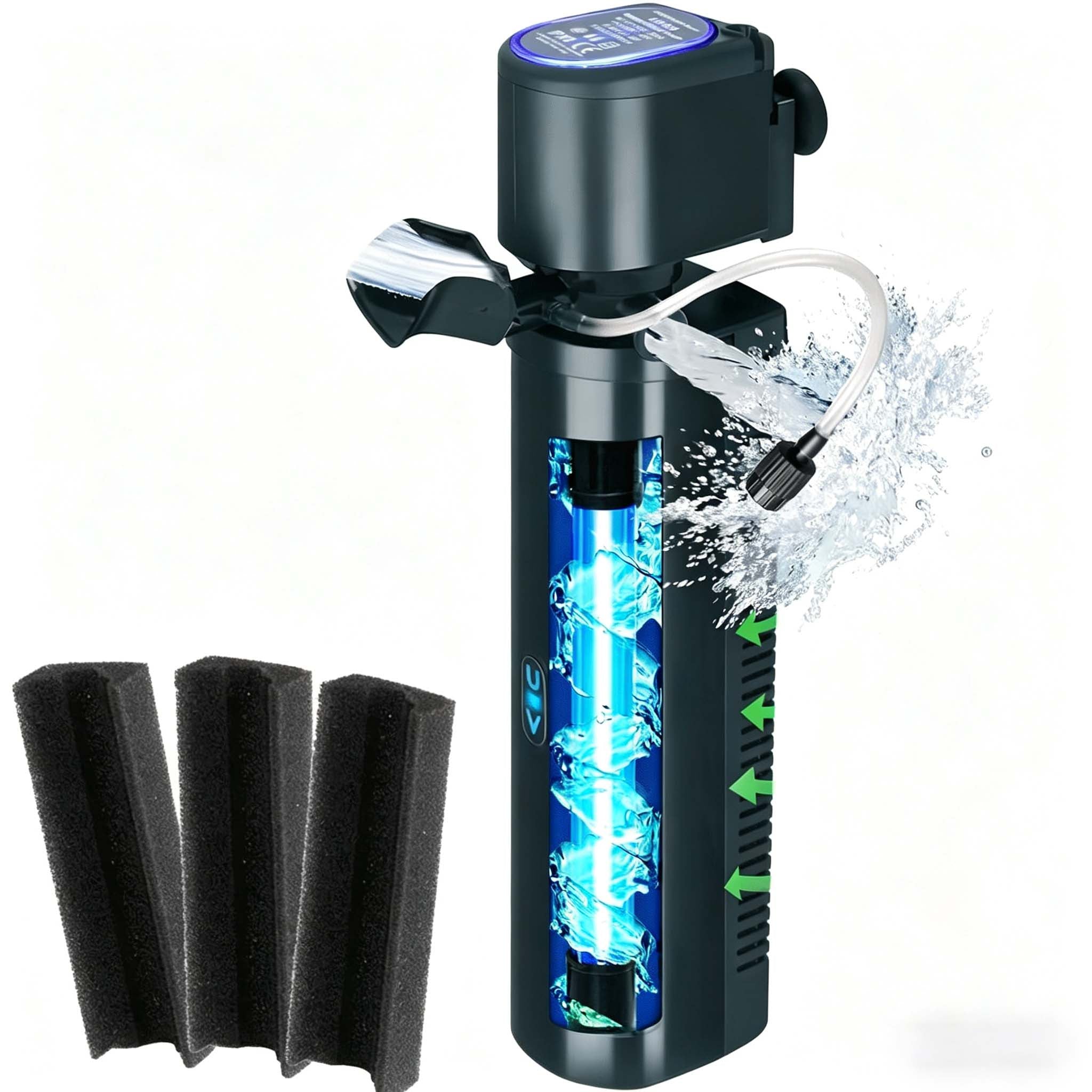 Aquarium filter with built-in UV sterilization lamp and silent built-in water pump.