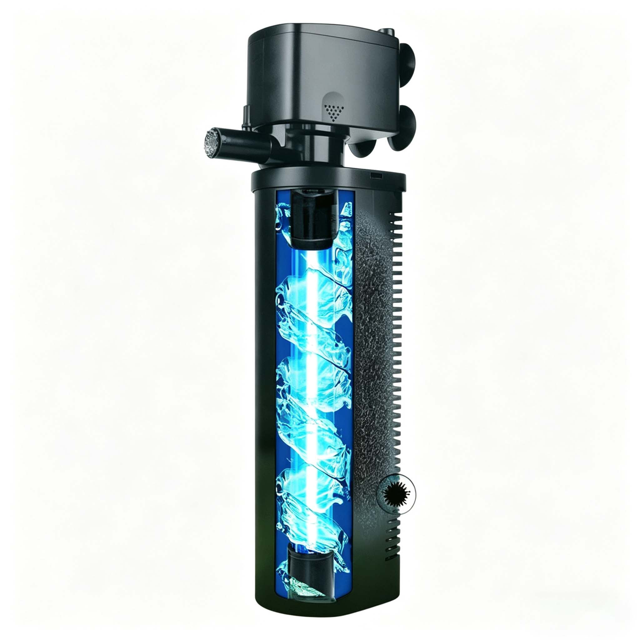 Aquarium filter with built-in UV sterilization lamp and silent built-in water pump.