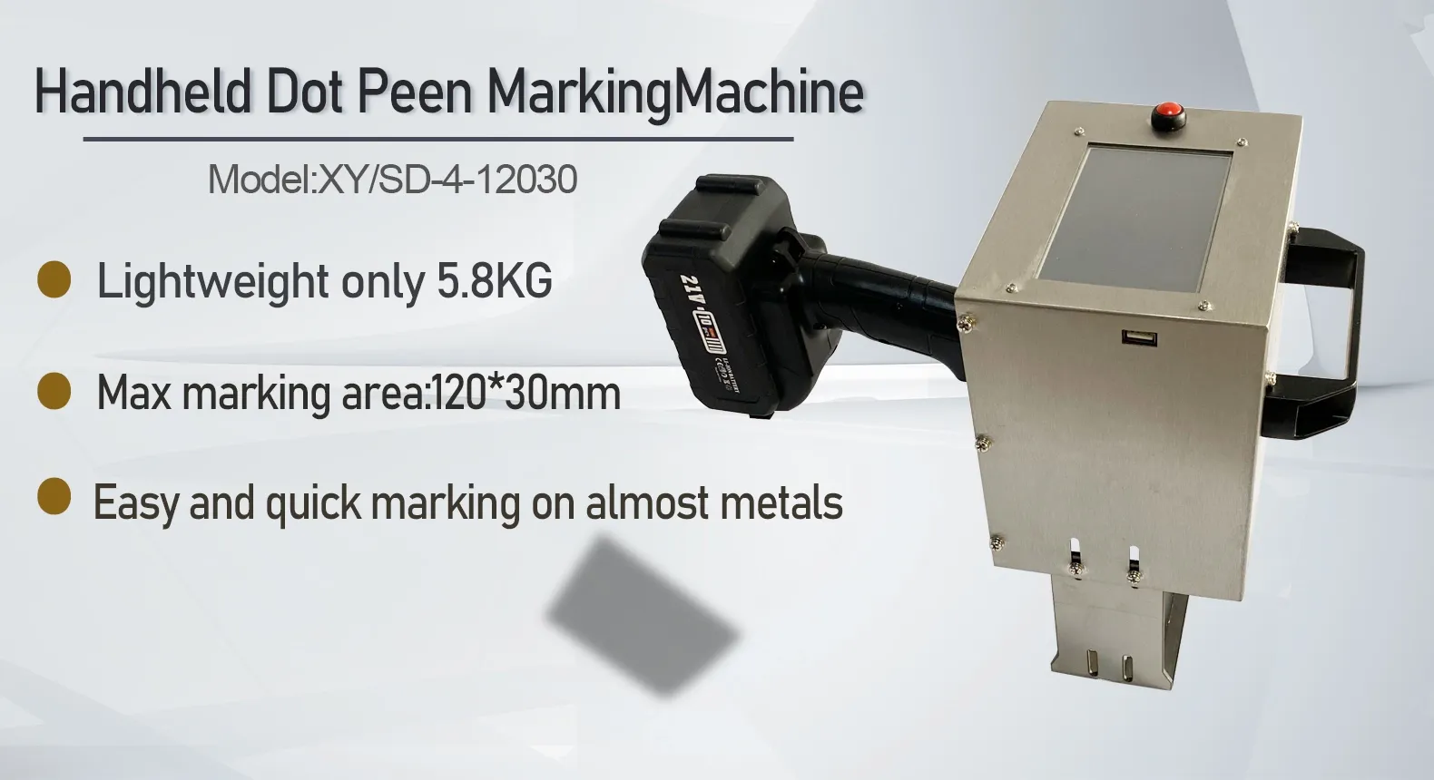 Handheld Dot Peen Marking Machine – 120×40mm Marking Area, 3–4 Hour Battery, Touchscreen, for VIN & Serial Numbers